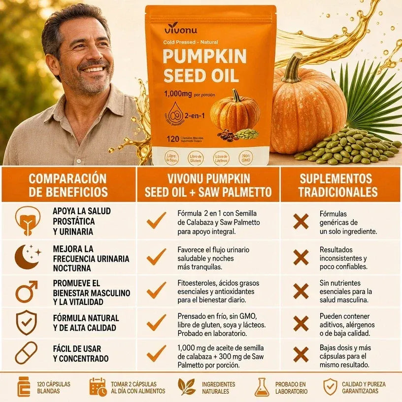 Aceite de Semilla de Calabaza + Saw Palmetto, VivoNu™ Apoyo para la Próstata y la Salud Urinaria, 120 Cápsulas Blandas