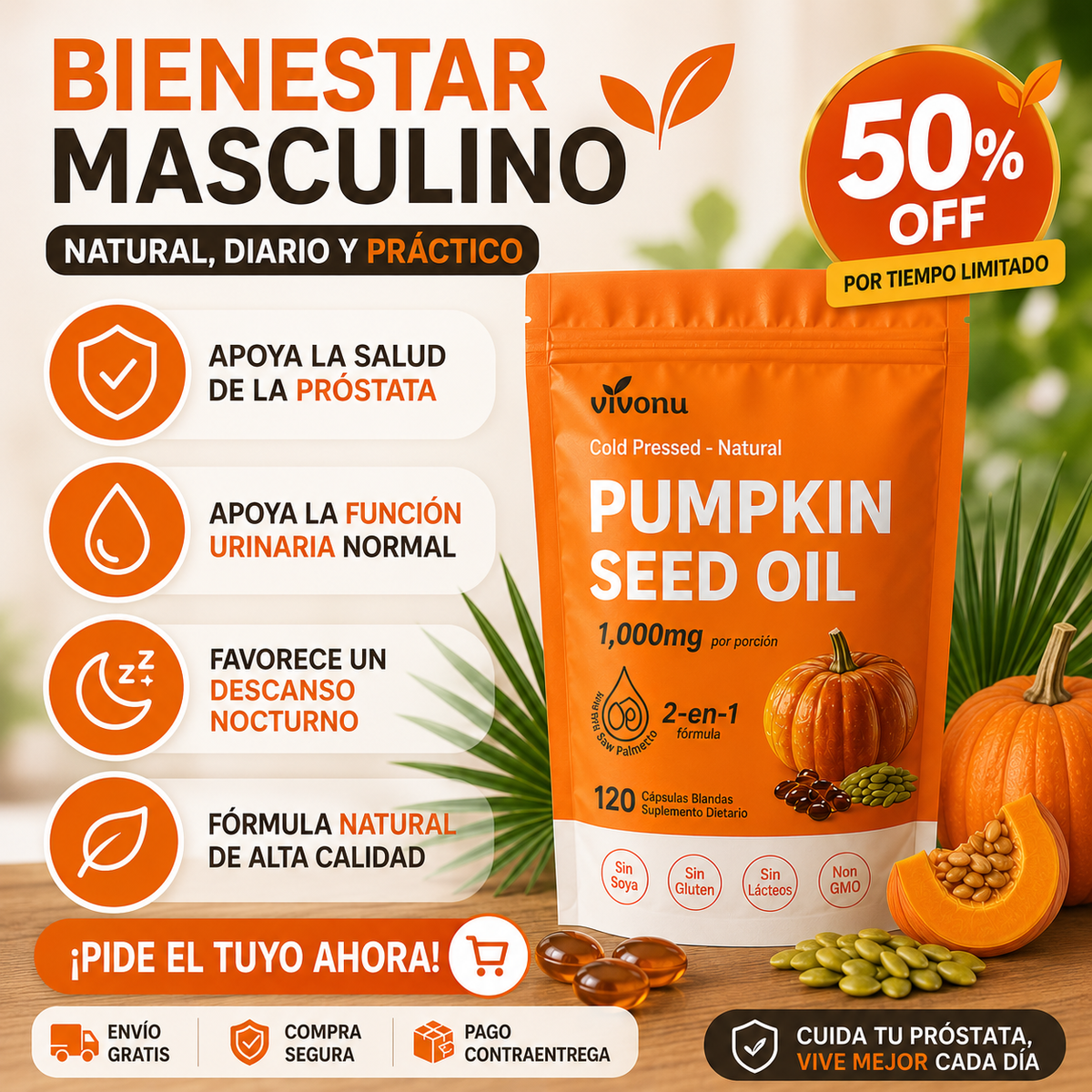 Aceite de Semilla de Calabaza + Saw Palmetto, VivoNu™ Apoyo para la Próstata y la Salud Urinaria, 120 Cápsulas Blandas
