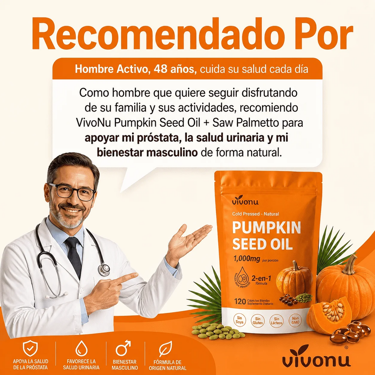 Aceite de Semilla de Calabaza + Saw Palmetto, VivoNu™ Apoyo para la Próstata y la Salud Urinaria, 120 Cápsulas Blandas
