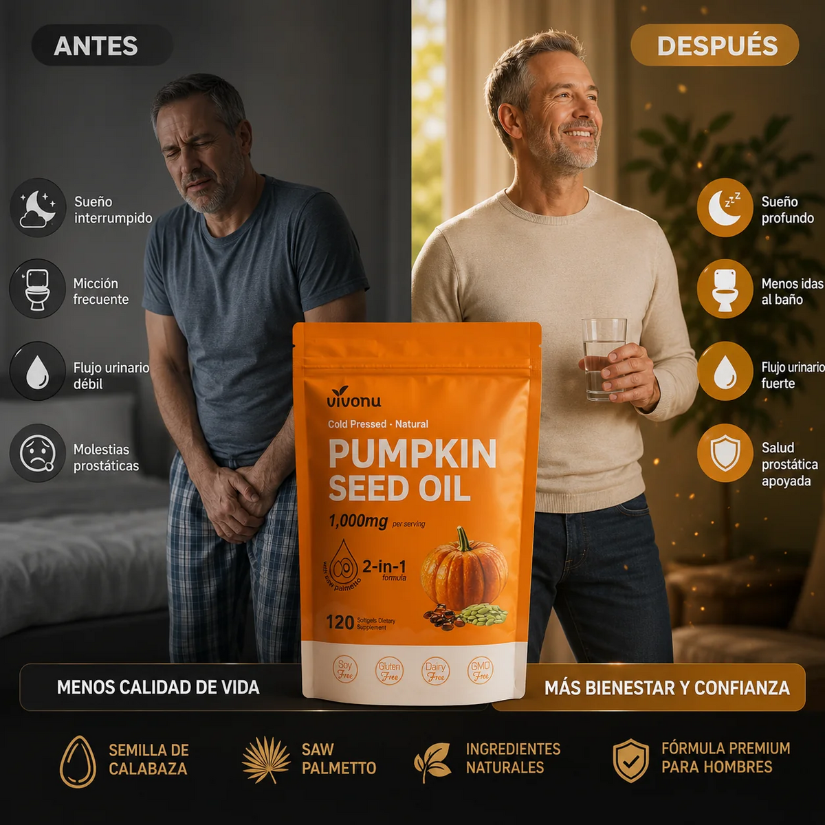 Aceite de Semilla de Calabaza + Saw Palmetto, VivoNu™ Apoyo para la Próstata y la Salud Urinaria, 120 Cápsulas Blandas