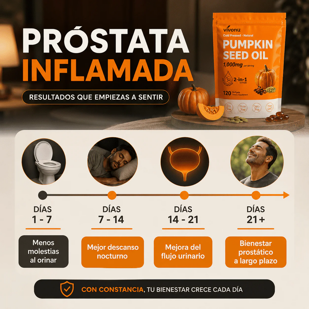 Aceite de Semilla de Calabaza + Saw Palmetto, VivoNu™ Apoyo para la Próstata y la Salud Urinaria, 120 Cápsulas Blandas